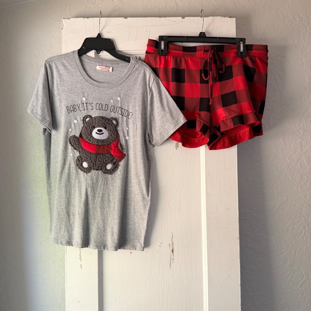 Altar'd State Intimates Pajama Set Medium Grey Bear Plaid Shorts PT193493AS